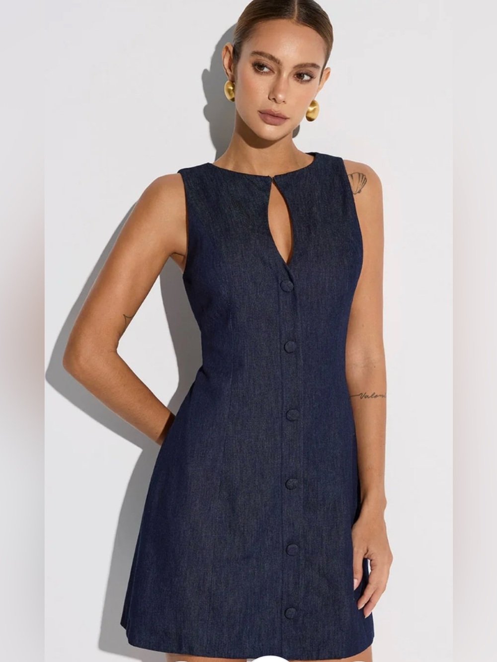 Commense Sleeveless Navy Button-Front Denim mini dress small